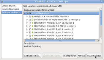 Android SDK and AVD Manager画面 SDKプラットフォーム選択