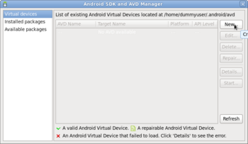 Android SDK and AVD Manager画面 Virtual Device
