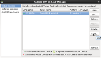 Android SDK and AVD Manager画面 AVDがある
