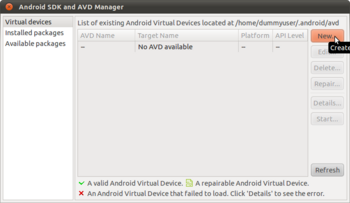 Android SDK and AVD Manager画面 Virtual Device
